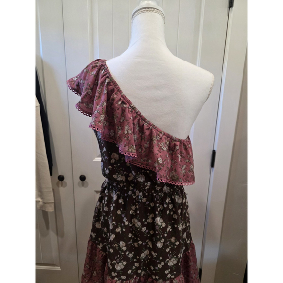 Bar III Women's Floral Pink Brown Asymmetrical One-Shoulder Ruffled Dress Size L - Picture 11 of 13